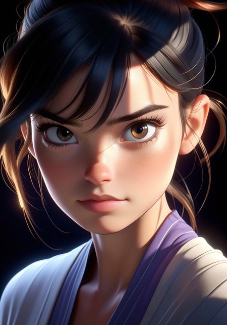 (masterpiece, best quality, ultra-detailed, 4K, CGI-rendered, Pixar-style, Disney animation, DreamWorks, stylized 3D, ultra-smooth shading, subsurface scattering, hyper-detailed textures, physically-based rendering (PBR), Octane Render, Unreal Engine 5)
A highly detailed stylized 3D character, with smooth sculpted facial features, realistic subsurface scattering on skin, and a perfectly polished, high-quality CGI look. The shading is ultra-soft, with highly detailed lighting reflections on hair, skin, and fabric, mimicking a professional animated movie character.
The character has precisely sculpted stylized hair with perfectly smooth edges and realistic lighting interactions. The materials are physically accurate, giving a real 3D presence, with subtle global illumination effects. The background is cinematic, softly blurred, with a subtle gradient effect to emphasize the depth.
((Blender Cycles, Octane Render, volumetric lighting, subsurface scattering, soft rim lights, ultra-realistic shading, smooth NPR toon shading, sculpted details, ultra-sharp resolution))
