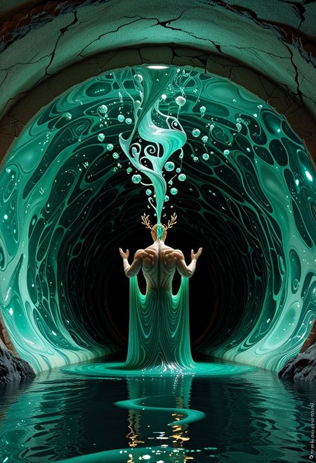 Photo realistic, 3d , figure, from behind it's back to the viewer, sits within a swirling, abstract tunnel or cave.  The figure is male , with a muscular build and a pronounced crest or headdress on its head. Its skin appears smooth and muted, dark tones of gray and blue-green. The figure appears to be seated or hunched, partially obscured by the liquid, swirling substance that makes up the tunnel's walls.  The environment is a vibrant, ethereal space.  The walls of the tunnel are composed of an iridescent, fluid substance.  The colors are predominantly teal and teal-green with accents of gold and beige, creating a marbled, almost gem-like effect.  The gold elements shimmer and catch the light, giving the scene a sense of depth and luminosity. The texture appears to be a fluid, almost liquid, design, with many swirling, interconnected bubbles and globs. A light source appears at the far end of the tunnel.