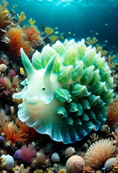happy cow in the shape of a sea snail, tilted, glowing,translucent Subsurface Scattering ,at the bottom of the coral reef,aquatic vegetation,shells,underwater, 8k, leafsheep