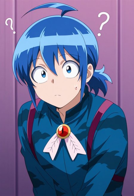 masterpiece,best quality,amazing quality, source_anime,
IrumaSuzuki,1boy, male focus, blue hair, ahoge, ?, solo, blue eyes, looking at viewer, sweatdrop, confused, closed mouth, upper body, ponytail, , jacket, camouflage jacket, blue jacket, brooch,
