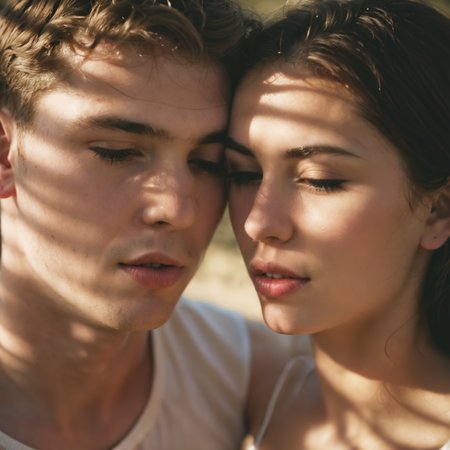 sunlight_str1, (by TJ Drysdale:2.0), medium shot of a beautiful man and woman embracing, clean cut, aged 20 years old, in the 2010s, deep shadow from sunlight, misty, bocceh, depth of field, (mouth open breathing:2) <lora:sunlight_str1:0.8>
