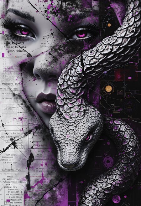 high quality, ultra detailed, colorful, abstract, fantasy, bo-abstract, bo-abyss, a highly detailed digital artwork featuring a close-up of a human face and a snake, the subject's skin is pale, with a smooth texture that resembles scales, and the snake's head is intricately detailed, with its head facing towards the viewer, its eyes are large and expressive, with vivid purple irises and long, dark eyelashes, giving it a mystical, almost ethereal appearance, the eyes are surrounded by a shimmering, iridescent quality, suggesting a magical or otherworldly quality, the background is a soft, gradient of light purple and white, creating a dreamy, ethereal atmosphere, the texture of the scales is smooth and glossy, reflecting light and creating a sense of depth, the overall style is highly realistic with a touch of fantasy, blending elements of realism and fantasy art, the artwork is rich in detail, capturing the textures of the human skin, the colors are vivid and vivid, enhancing the ethereal and otherworldly feel of the scene, partially blended with abstract digital elements. The scene has a dark, moody ambiance. The background features layers of glitch art, fragmented texts, and metallic textures. contrasting against the monochromatic tones of black, grey, and hints of red. Smudged paint and scratches add a sense of decay and technology,<lora:Flux\boFLUX AbstractMorph.safetensors:0.85:0.85> <lora:Flux\boFLUX digital-abyss.safetensors:1.0:1.0>