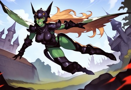 score_9, score_8_up, score_7_up, perfect anatomy, csr style, 1girl, full body shot, embedding:urn:air:sd1:embedding:civitai:64870@69507, morrigansmt, feathered wings, armor, helmet, blonde hair, long hair, yellow eyes, colored skin, green skin, flying, smile, flying toward viewer, extended arms, one leg bend, horizontal flying, dark sky, dark castle on background, forest, 