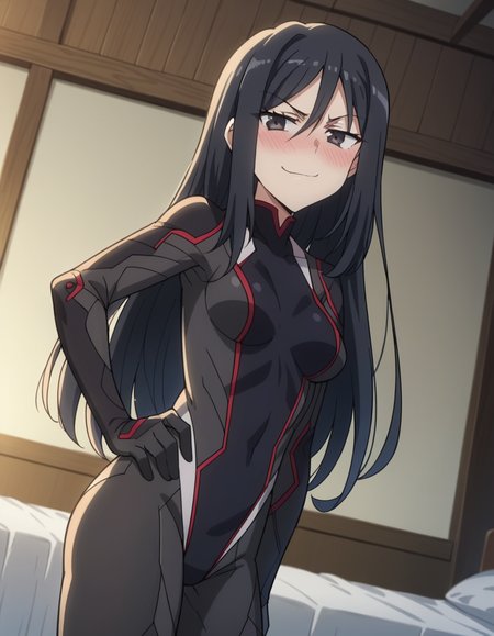 score_9, score_8_up, score_7_up, source_anime, <lora:shutaura-sequenzia-movie-ponyxl-lora-nochekaiser:1>, shutaura sequenzia, long hair, black hair, black eyes, hair between eyes, anime screencap,, bodysuit, black bodysuit, pilot suit, indoors, bed, bedroom, on side, blush, drunk, , smug, hand on own hip,, looking at viewer, solo,, dutch angle, cowboy shot
