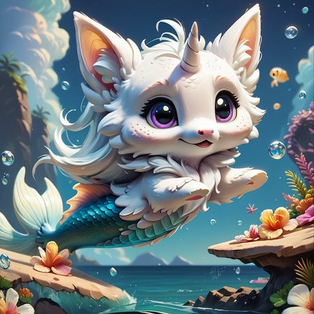 score_9, score_8_up, score_7_up, score_6_up, score_5_up, score_4_up, an adorable, chibi white fox unicorn, some mermaid scales, fluffy fur, on a beach at night