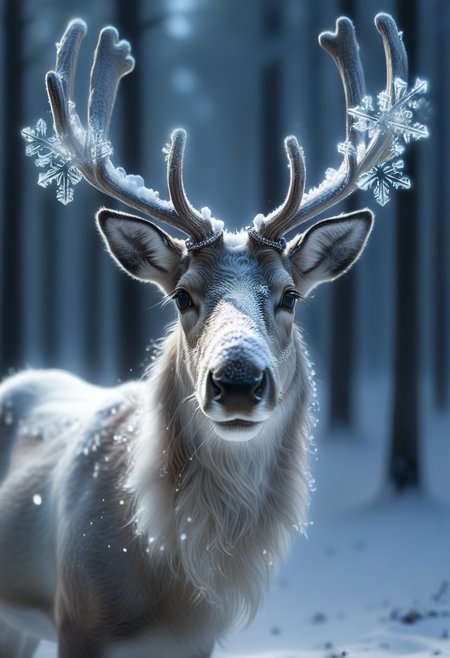 snowflake, A hyper-realistic close-up of a majestic reindeer, its soft, velvety fur dusted with snowflakes. The reindeer's large, expressive eyes glisten with warmth, and its antlers are adorned with a delicate layer of frost, catching the soft light of a snowy winter day.
Snowflakes gently fall around the scene, some resting lightly on the reindeer's nose and fur, while others sparkle in the cool, ambient light. The background is softly blurred, suggesting a serene snowy forest, with bokeh-like effects from light filtering through the trees.
The atmosphere is tranquil and magical, emphasizing the natural beauty of the reindeer and the intricate, crystalline details of the snowflakes. The overall composition captures a peaceful moment that feels both intimate and enchanting.