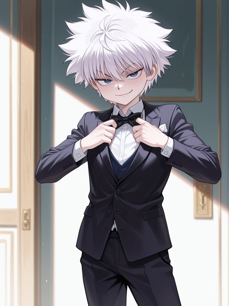 masterpiece, best quality, amazing quality, 1boy, solo, <lora:IlluKillua:1> illukillua, white hair, blue eyes, smirk, black tuxedo, black bowtie, adjusting bowtie, cowboy shot,