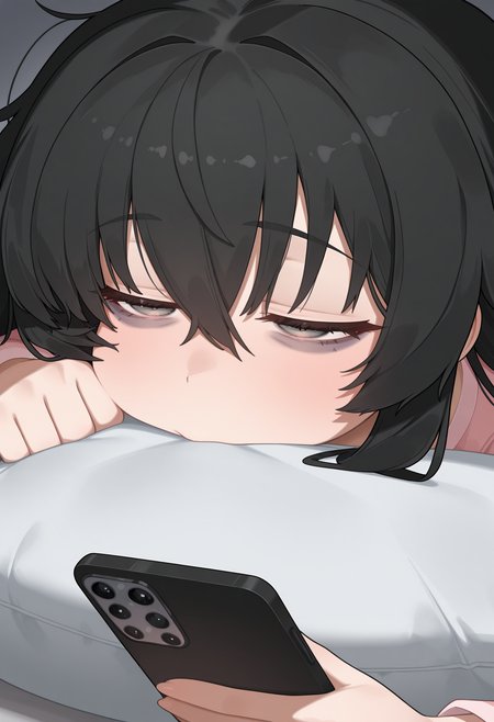 1girl, tired, insomnia, half-closed eyes, bags under eyes, holding smartphone, pyjama, close-up, flassostyle, masterpiece, best quality,amazing quality, very aesthetic, absurdres,<segment:yolo-AnzhcFace-seg_640_v3_y11n.pt-1,0.2,0.25//cid=11>, <segment:yolo-hand_yolov9c.pt,0.15,0.25//cid=12>