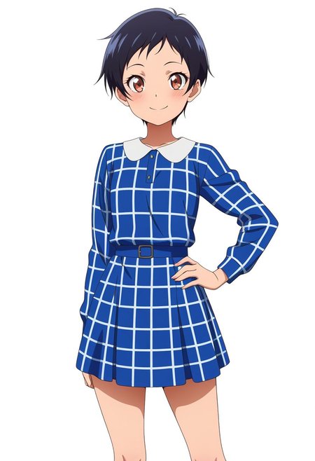 masterpiece, best quality, amazing quality, anime coloring, anime screencap, 1girl, solo, very short hair, black hair, smile, hand on own hip,  simple background, white background,  checkered dress,