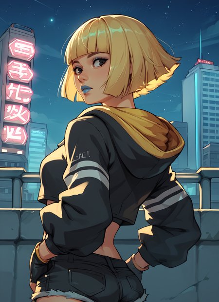 score_9, score_8_up, score_7_up, score_6_up, 1girl, upper body, close-up, looking ahead, 
<lora:BelBrcDwnsty-000008:0.7>, belbomb, blonde hair, short hair,  blue lips, lips, puckered lips, black eyes, make up, eyeshadow, blunt bangs, denim shorts, black shorts, fingerless gloves, black gloves,
cropped hoodie, black hoodie, hands in pockets, 
outdoors, city, skyscraper, landscape, rooftop, from behind, starry sky, neon lights,