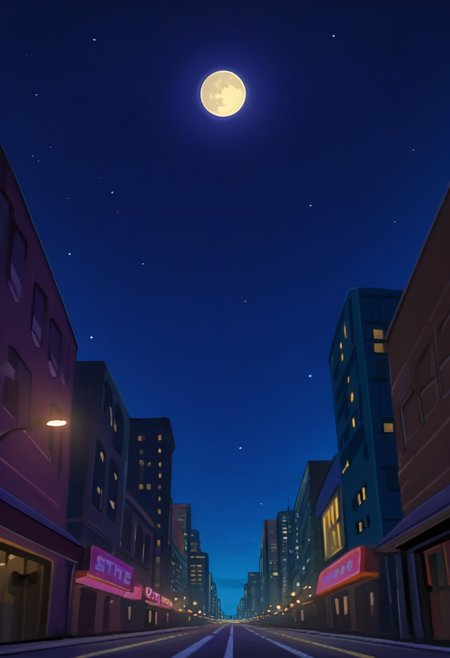 best quality, masterpiece, absurdres, newest, highly detailed, 
<lora:TMNT_1987_-_Cartoon_Screen_Captured_Style:1> 1987tmnt5tyl3,
city scenery, night, street lights, landscape, portrait, no humans, moon, stars, dynamic view,