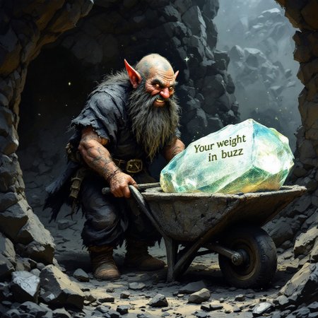 a dwarf covered in soot getting out from a coal mine pushing a wheelbarrow, inside the wheelbarrow there's a huge, shiny cristal stone, inside that stone was written with floating magic letters the following phrase: "Your weight in buzz" he's looking at viewer with a pretentious grin