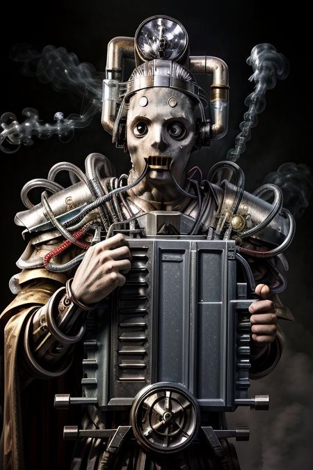 ((masterpiece,best quality)), absurdres, BREAK
mechanical arms, robes, hood, BREAK
((techpriest)), cyborg, mechanical face, mechanical limbs, gas mask, mechanical tentacles, (mechanical backpack), BREAK
1other, solo, holding pistol, firearm, handgun, pistol, gun, BREAK
factory background, smoggy sky, air pollution, smokestacks, BREAK
(mndsncybrmn)