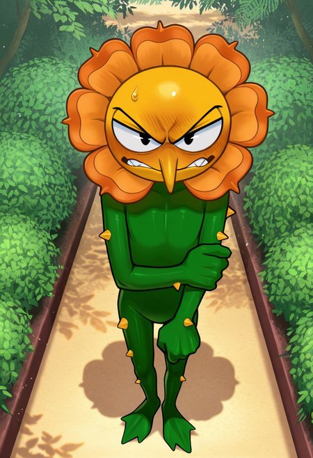 solo, male, plantform, plant boy, 1boy, CagneyCarnation, (orange petals:1.1), yellow face, pointy nose, pac-man eyes, detailed face, perfect eyes, black eyes, large head, round face, masterpiece, hires, absurdres, newest, perfect quality, best quality, ultra-detailed, detailed background, intricate details, 
frown, teeth, (embarrassed:1.2), blush, narrowed eyes, half-closed eyes, looking up at viewer, looking at viewer, angry eyebrows, blush, tsundere, cartoonish anthropomorphic flower, orange bloom, green body, plant-like design, leafy hands, leafy feet, feet resemble leafy vines, (yellow thorns, body thorns:1.2), green stem-like body, (slim, skinny:1.1), narrow hips, full body, standing, slouching, arm at side, holding own arm, clenched hand, pigeon toed, no penis, cocked hip, sweatdrop, 
BREAK 
outdoors, (garden:1.1), bloom, dappled sunlight, high-angle view, from above, shadow, detailed shading, light particles, pollen,