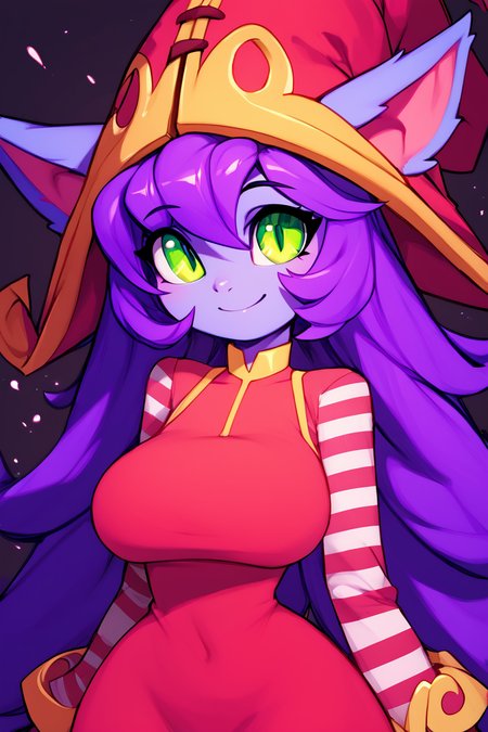 score_9, score_8_up, score_8, (big breasts), (curvy), cute, eyelashes,       BREAK, ,  <lora:LuluLeagueoflegendsPDXL:0.8>, zzLulu, long hair, bangs, animal ears, green eyes, purple hair, colored skin, purple skin, long sleeves, hat, dress, red dress, red headwear, ears through headwear, striped sleeves, yordle,, BREAK, wide hips, smile, looking at viewer, cowboy shot, embedding:zPDXL, Expressiveh, <lora:SweetCAT_PDXL:1.0>,  <lora:SDXLFaeTastic2400:0.5>,  <lora:Expressive_H-000001:0.4>,