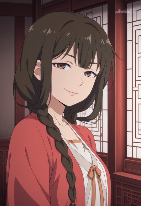 1girl,solo,mm,mature female,long hair,brown hair,brown eyes,bangs,braid,twin braids,anime coloring,
chinese clothes,hanfu,red jacket,upper body, looking at viewer, smile,indoors
,masterpiece,best quality,amazing quality,<lora:Taoyao-Fairies_Album:0.8>