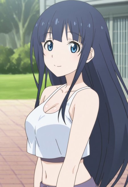 anime screencap, anime coloring, official artstyle, masterpiece, best quality, amazing quality, Saotome Shizuno (character), 1girl, solo, long hair, black hair Post Hip length, blue eyes, perfect eyes, black eyebrows, perdect eyebrows, perfect face, looking at viewer, smile, white crop top, grey skirt, big breasts, cleavage, upper body, midriff, navel, outdoors sportsground, day, dynamic light, natural breasts, natural beauty