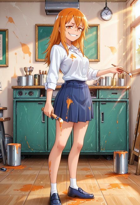 1girl, solo, masterpiece, best quality, newest, absurdres, CG, anime, source anime, illustration, very aesthetic, high resolution, ultra-detailed, newest, scenery, medium depth of field, rule of thirds, masterpiece-level, clean lines, Nagatoro_Hayase
BREAK 1girl, ((solo)), (solo focus:1.25), Gamou_Maki, orange_eyes, orange_hair, long_hair, hair_between_eyes, medium_breasts
 school_uniform, white_shirt, collared_shirt, pleated_skirt, blue_skirt, sleeves_rolled_up
standing, paints on the wall, smug, smug grin, evil smile, teasing, holding a paintbrush in her hand, paint dripping from the brush, paint spots on the floor, a can of paint spilled on the ground next to her, looking at viewer, full body
indoors, art studio, canvases on stands, paint cans, brushes, day, alternate poses, sunny day, sunlight, from both sides
cinematic angle, various angles, detailed background, beautiful background, (rays light:1.0),(grow:1.0) mystical, luminism, vibrant colors