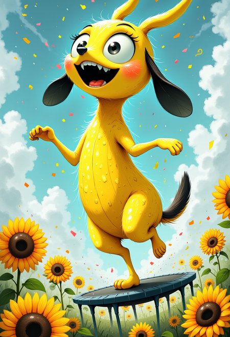 A banana-yellow giggle-dog with propeller ears and jellybean toes dances on a trampoline made of singing sunflowers in the middle of a cloudfield, joy bursting from its oversized eyes as confetti rains down â low-angle fish-eye view, with a sense of chaotic delight, like a psychedelic Richard Scarry carnival in the sky.