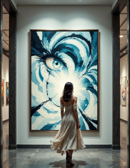 masterpiece anime style water color painting of young Icelandic woman,she is A stunning woman dressed in a sleek, off-the-shoulder midi dress, walking gracefully through a modern art museum. She pauses in front of an abstract painting, one hand resting on her hip, her toned arms and back subtly accentuated by the dress. The galleryâs minimalist interior with bright white walls and dramatic lighting highlights her elegance and love for art. [vivid style, gallery lighting, sophisticated museum backdrop], enhance_artistic, detailed skin, detailed eyes, 8k, vivid style, photorealistic:1.2, 32k, high contrast, intricately detailed eyes, real skin textures,aidmaimageupgrader, aidmafluxpro1.1, enhance_artistic