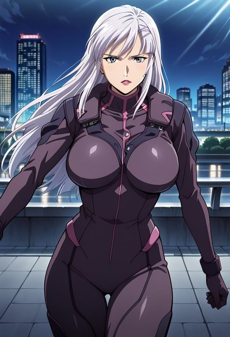 ((masterpiece, absurdres)), best quality, amazing quality, newest, 4k, anime coloring, very aesthetic, ray tracing, Smooth Quality, CG, source_anime, nora polyansky,1 mature female, grey eyes, white long hair, hairclip,pilotsuit ,city view, street view,city view, street view