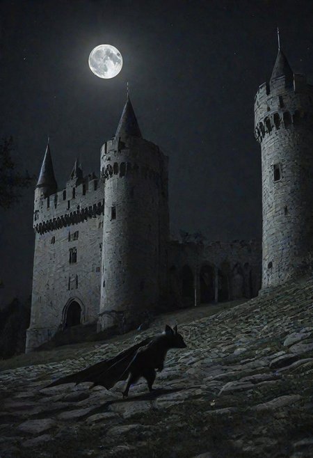 bat walking around a castle at night