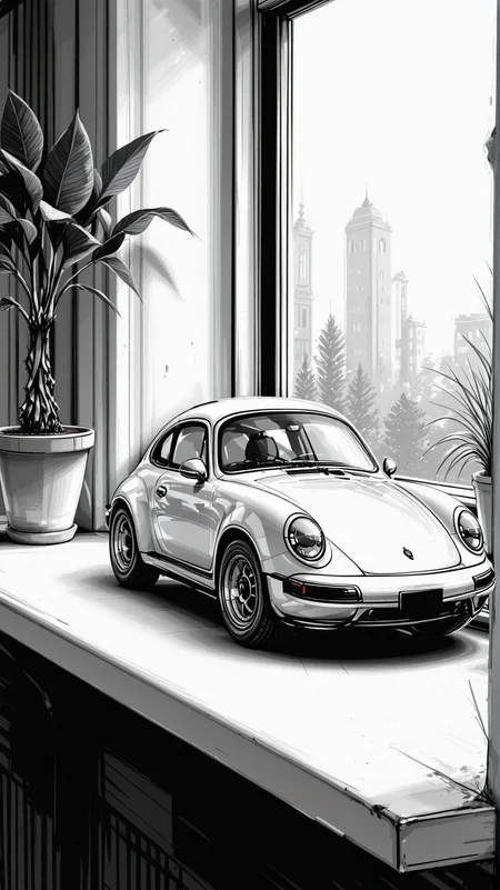 high_quality, highres, detailed, masterpiece, best quality, absurdres,Jedsk5tch, sketch, black and white,  A hyper-realistic close-up of a Porsche , miniature, windowsill, potted plant,  <lora:SketchStyle-000015:1>