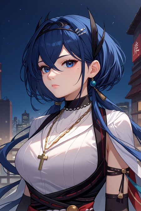 score_9, score_8_up, score_7_up, score_6_up, source_anime, 1girl, solo,   <lora:cantabile-pdxl-nvwls-v1:1> cantabile, dark blue hair, dark blue eyes, mole under eye, long hair, hair ornament, hairband, necklace, white shirt, sleeveless shirt, black dress, red sash, black gloves, elbow gloves, black thighhighs, upper body, looking at you, expressionless, night, city, portrait, large breasts