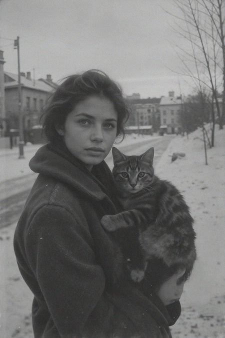 portrait photo of cute russian young woman, she is holding a cat, soviet messy cityscape in the background, ice, snow, winter, evening sunset, technicolor, year 1980, vintage analogue photo, 80's photography style, old photo artifacts, photo scratches, photo shot by Kodak Portra 800, Hasselblad 500C, retro <lora:Vintage_Photo_Flux:0.7>