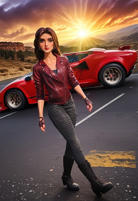score_9, score_8_up, score_7_up, score_6_up, score_5_up, score_4_up, Expressiveh, BREAK, RAW, 8k, source_real, masterpiece, high quality,  strong shading, strong lighting, 1girl, 30 years old, tall, thin,
easynegative, traditional media, show accurate:1.4,  outdoor, (day time:0.7), sun, 
easynegative, standing up, (walking:1.9), (front view:1.5), wind, sunset, car, canyon, strong wind, red sky, clouds,
face_detail, skin_detail, lustrous_skin, skindentation,  nail polish, lipstick, shank, 
cleavage, hooped earrings, fingerless gloves, tattoo, brown hair, badass, black pants, denim pants, high heels, high heel boots, lace boots, black boots, spikes, car behind, asphalt road,
(perfect anatomy:1.9), (tilted camera angle:2.0), cinematic style, red lamborghini,  disney style,
full body visible, sultry, slender hips, overactive hips, zPDXL3, nylnft, (sultry pose:1.6), watercolor \(medium\), traditional media, irl, (realistic style:1.8), realistic fire effect,