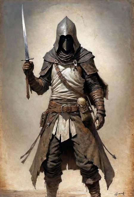 videogame art of (beggar clothes, human thief brigand, holding a iron rusty dagger,  wearing leather tunic, metal and cloth shaped helmet, sewn together), by Jean-Baptiste Monge and Nicola Samori, assassins' creed clothes