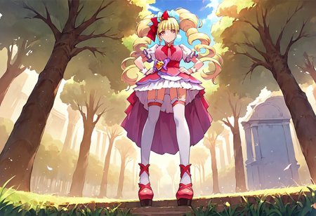 curemacherie, high heels, garter straps, thighhighs, outside,  score_9, score_8_up, score_7_up, ,source_anime, best quality, masterpiece,   , full body view ,collarbone ,  1girl , solo , girl focus, large breasts,  score_9, score_8_up, score_7_up, ,source_anime, best quality, masterpiece, , garter straps , 1girl , solo , girl focus,, full body view, facing viewer, hands on hips, low angle view, from below, standing, outside , day, field,