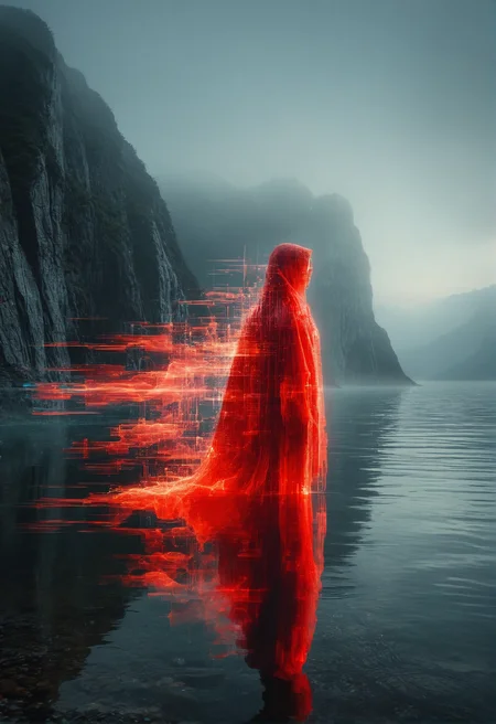 A figure stands gazing left, cloaked in a translucent, glowing red robe, with brilliant glitch and noise effect on cloak. The serene, misty backdrop features soft blues and grays of a cliff and foggy sky. Reflections on the calm, glassy water replicate the figure's vibrant luminescence, juxtaposing the cool tranquility of the setting with the robe's energetic warmth, <lora:Glitch Style:0.7>