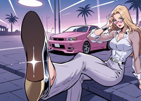1girl, solo, detailed face, detailed eyes, Dazzler, blue eyes, blonde hair, long hair, thick thighs, medium breasts, toned female, collarbone, 
BREAK
see-through shirt, white buttoned shirt, collared shirt, long sleeves, see-through sleeves, white undershirt, glint, (star-shaped eyewear, pink-tinted eyewear), hoop earrings, silver bracelets, belt, high-waist pants, white dress pants, silver stiletto heels, pink lips, lipstick,
BREAK
dynamic pose, sitting, on car, on car hood, looking over eyewear, adjusting eyewear, sideways glance, looking at viewer, 
BREAK 
Outdoors, 80s, pink car, motor vehicle, sports car, (nissan skyline:1.4), (car out of frame:0.9), miami vice city, art deco neon hotels, palm trees, pink and teal sunset, urban environment, detailed background, 
BREAK
(safe_pos, fine texture, masterpiece, ultra-detailed, very aesthetic, absurdres, volumetric lighting, scenery, newest, absolutely eye-catching, rating_explicit),
BREAK.