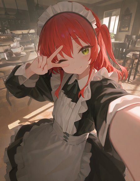 1girl,solo,(ixy:0.5),ladic,(kita ikuyo:1.2),one_eye_closed,hand_on_own_face,v over eye,maid,maid_headdress,black_skirt,looking_at_viewer,afternoon,shadow,maid apron,selfie,indoors,full_body, cafe,table,coffee,coffee_cup,maid_cafe,(masterpiece, best quality, very aesthetic,absurdres,aesthetic,detailed,beautiful color,amazing quality)
