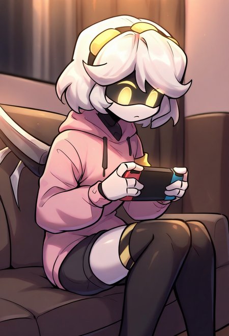 (masterpiece, high quality, highly detailed, best quality), SD-V, 1girl, solo, robot girl, humanoid robot, robot joints, hairband, short white hair, yellow eyes, solid circle pupils,fur-trimmed black jacket, armband, mechanical wings,
sidelocks, headphones, pink hoodie, hood down, drawstring, long sleeves, bagpack, shorts, black top, contemporary, casual, sitting, at home, flat, room, living room, holding handheld game console, nintendo switch, playing games, intense, looking down,