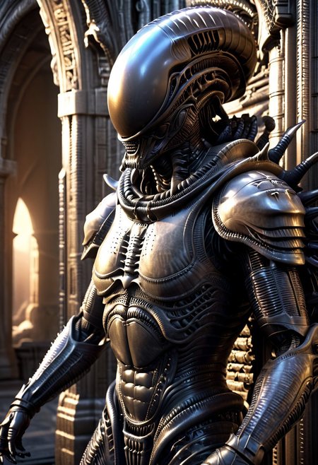A xenomorph hunter, monster, Ornamental armor, armor, Ornamental chestplate with silver ancient alien runs, (fantasy scenery:1.3), intricate details, highly detailed, high resolution, HDR, realistic, dusty sunlight, ray_tracing, sun_flare, cinematic, perfect lighting, (vivid colors:1.3, color full:1.3), ultra detailed 8k cg, (best quality), (masterpiece:1.4), bokeh, depth of field, photorealistic, caustics, perfect shading,(hyperrealistic 3d render),art by hr giger,