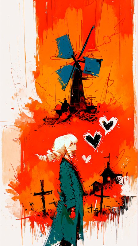 masterpiece, newest,absurdres,incredibly absurdres, best quality, amazing quality, very aesthetic, retro artstyle, abstract, orange theme, child's drawing, 
1girl, drill hair, white hair, blue trench coat, flying hearts, windmill, 
<lora:XXX477:0.6> xxx667_illu, <lora:ka_marukogedago:0.6> k4_illu,  <lora:fuyumur4s4ki_style:1> fuyumur4s4ki_illu