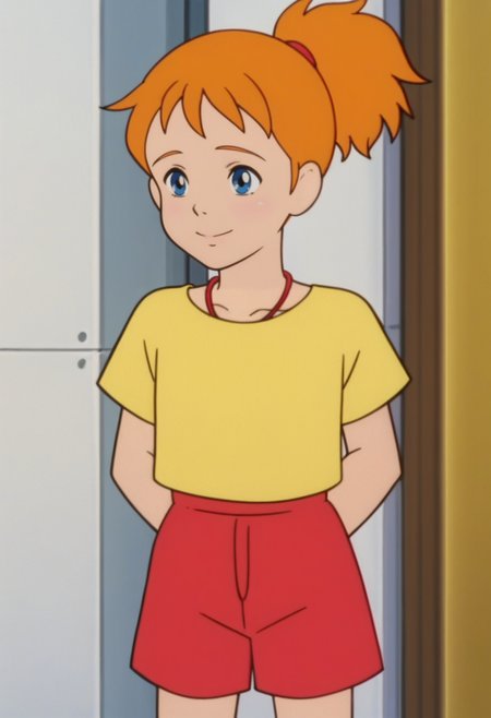 source_anime,anime screencap, anime coloring,intricate details,rating_safe, masterpiece, best quality,
(best quality, absurd res, ultra detailed),,(4 finger:0.5),1girl, ((solo)), good eyes,perfect eyes,,detailed eyes, zPDXLxxx , zPDXL3,detailed, detailed face
BREAK
solo,simple background,standing, front view, hands behind back, smile, 
Nanami, orange hair, ponytail, blue eyes, yellow shirt, short sleeves, red shorts, necklace,
, <lora:add-detail-xl:2>  <lora:Nanami_Simpson:0.8>