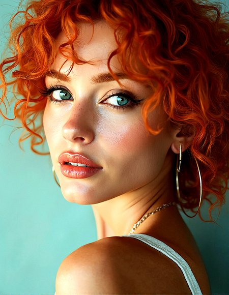 An upper body image of a woman with curly orange hair, aqua eyes, and bold eyeliner. She has thick eyebrows and long eyelashes, and her lips are shiny and full. She wears a subtle necklace and a small hoop earring. The extreme realism focuses on her detailed skin, showing fine textures and natural highlights.

Subtle skin pores and natural texture on the face and neck, Realistic light reflections on the surface of the eyes, Slightly raised veins visible under the skin on the neck, Subtle veins visible on the eyelids under certain lighting, Realistic reflection of light on the glossy lips, following their curvature, Soft reflections on the necklace, enhancing its metallic look

Standing with her back to the camera, head turned slightly, looking back over her shoulder





 









































