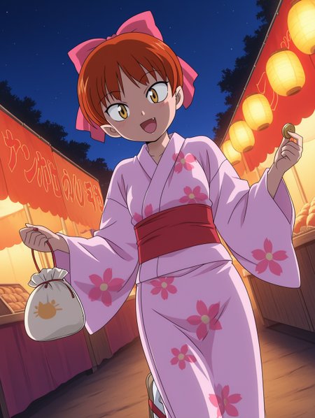 masterpiece, best quality, amazing quality, detailed background, perfect eyes, anime coloring, anime screenshot, 2000s \(style\), 1girl, solo, nekomusume (gegege no kitaro 5), red hair, short hair, choppy bangs, pink hair bow, yellow eyes, small breasts, japanese clothes, pink print kimono, cat pattern, long sleeves, red sash, tabi, sandals, holding coin purse, open mouth, fang, smile, dutch angle, cowboy shot, (outdoors, summer festival, food stand, night, night (sky), lantern),