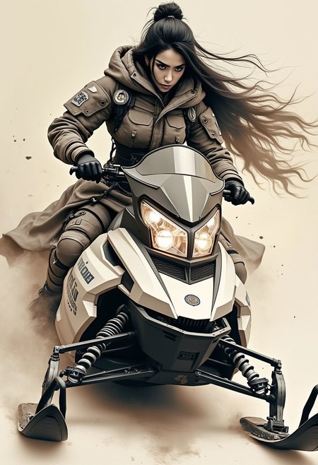 poster art, Expressive Watercolor Ink Wash, Inkplash art on rice paper, sepia, henna , Silhouette Art, magnificent, stunning japanese woman, long flowing hair, sidelocks, dark eyeshadow, white and grey camouflage armour, riding snowmobile