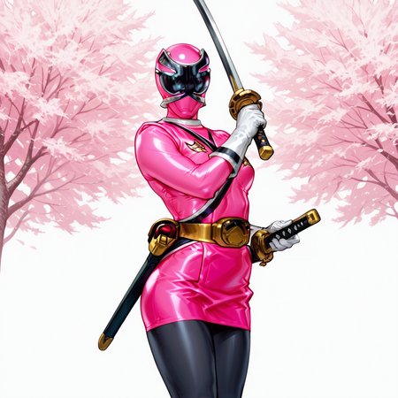 masterpiece, best quality, very aesthetic, absurdres,samurai_sentai_shinkenger, anime,
BREAK 1_girl, solo, shinken_pink(pink bodysuit, pink miniskirt, uniform,  white gloves, black pantyhose, ), shinken, holding sword, action pose, sakura tree background,<lora:AKinuNishimura_Style:1.0>, <lora:Smooth_Booster_v2:0.6>, good hand, <lora:Power_ranger_samurai__Illustrious:1>