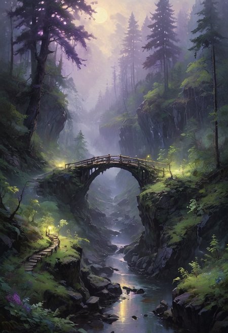 At night, a rickety bridge stretches precariously across a deep chasm, connecting two rugged sides of a dense forest nestled within rocky mountains. The forest is thick with towering trees, their leaves a lush green canopy that barely lets any light through. The sky above is a muted blend of grays and purples, casting a somber glow over the landscape. Smoke rises gently from an unseen source, mingling with the thick mist that clings to the ground, creating an eerie and mysterious atmosphere. The overall setting is dark and foreboding, yet strangely beautiful, as the interplay of light and shadow brings the forest to life. [romantic impressionism,dream scenery art,beautiful oil matte painting,romantic,style of thomas kinkade,beautiful digital painting,anime landscape,romantic painting,dreamlike digital painting,colorful painting,beautiful gorgeous digital art,style of greg rutkowski,janek sedlar,jenny saville:0] <lora:vivid_everclear:0.6> <lora:Sinozick:0.65> <lora:WildcardX-XL-Detail-Enhancer:0.8>