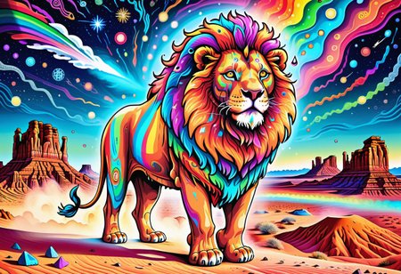 A huge incredible lion is walking along the mukticolorful psychedelic desert. the lion's mane shimmers with all the colors of the rainbow. it feels like a lion is burning with a multicolored flame. background:  ((black night)) with rare large stars. the inscription on the picture: "Graógramán", addotional tail