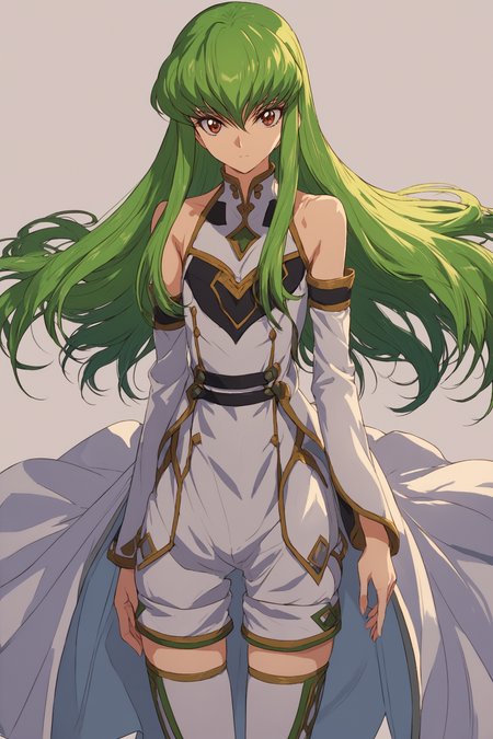 cowboy shot,solo,1girl,c.c.,expressionless,green hair,long hair,looking at viewer,s2outfit,detached sleeves,white shorts,thighhighs,bare shoulders,code geass,looking at viewer,upper body,simple background,standing,score_8_up,<lora:ç¦è¶_XL_PONY:0.8>,