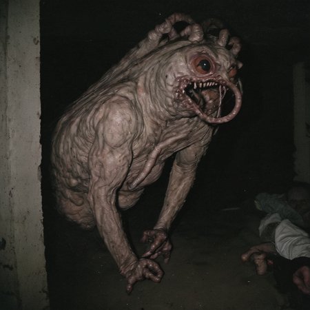 ab0m, dryer lint monster in unfinished basement, dark basement lit by camera flash, 35mm color analog photo
