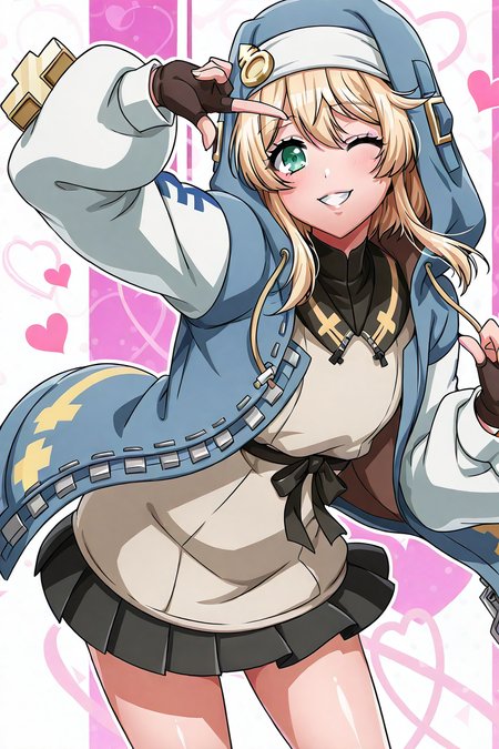 shiny skin, posing,
<lora:d4dj.il:1>,
d4dj,
bridget_(guilty_gear),
guilty gear strive, 
crossdressing, otoko no ko, trap,  
one eye closed, hearts,