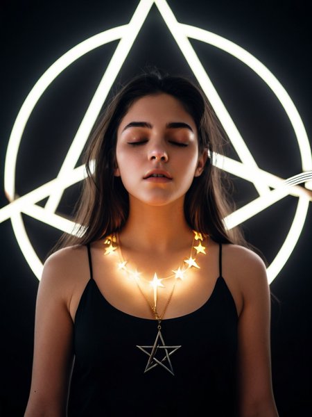 Cinematic fashion photograph  Amina_Massoud_P_MXAI_SDXL standing in the center of a glowing pentagram at a Black Mass, eyes closed