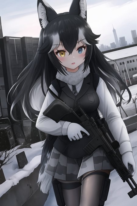 1girl, dark hair, heterochromia, kemono friends, ruined city, assault rifle, animal ears, wolf tail, blue eye, yellow eye, ((soldier uniform)), black clothes, military uniform, ((armor vest)), special forces